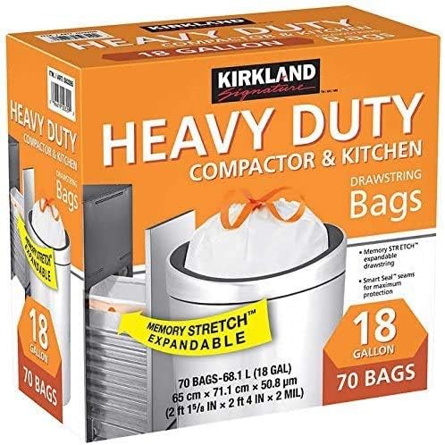 Kirkland Compactor Bags 18 Gallon Smart Fit Gripping Drawstring 70 Count