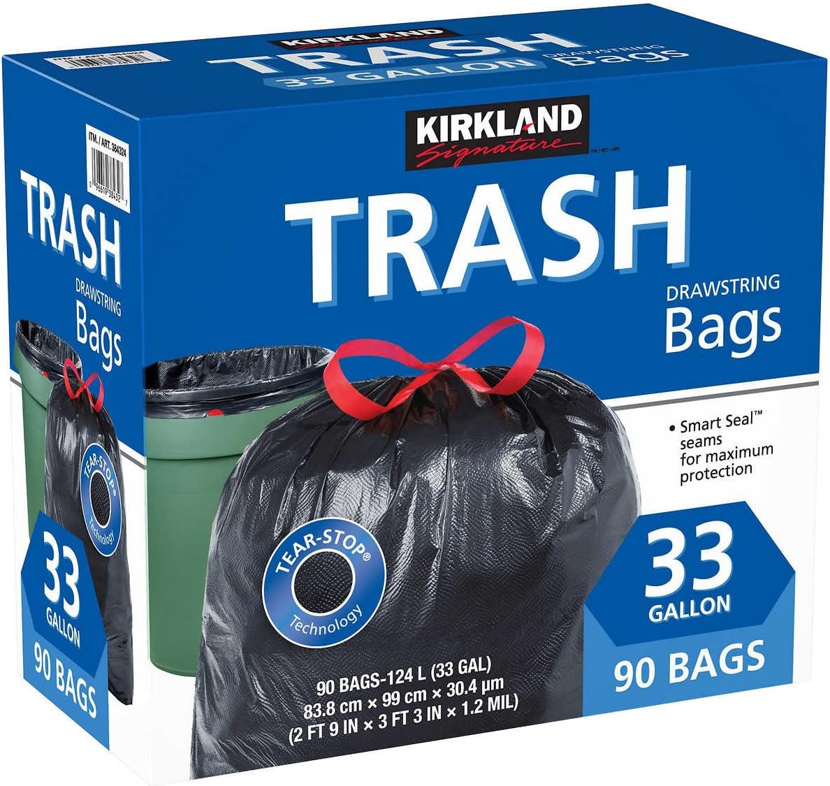 Kirkland Signature Carton is 100 recyclable 33 Gallon Black Drawstring Trash Bag 90 CountTear-Stop Technology
