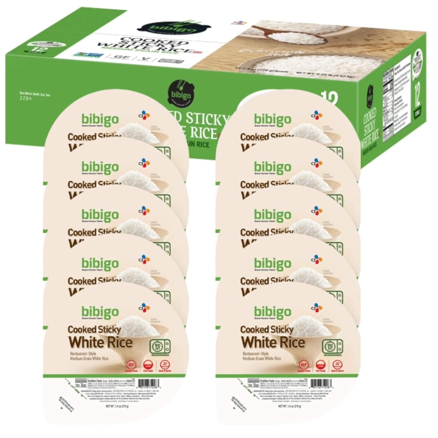 bibigo Cooked Sticky White Rice Bowls Medium Grain 7.4 oz 12 ct