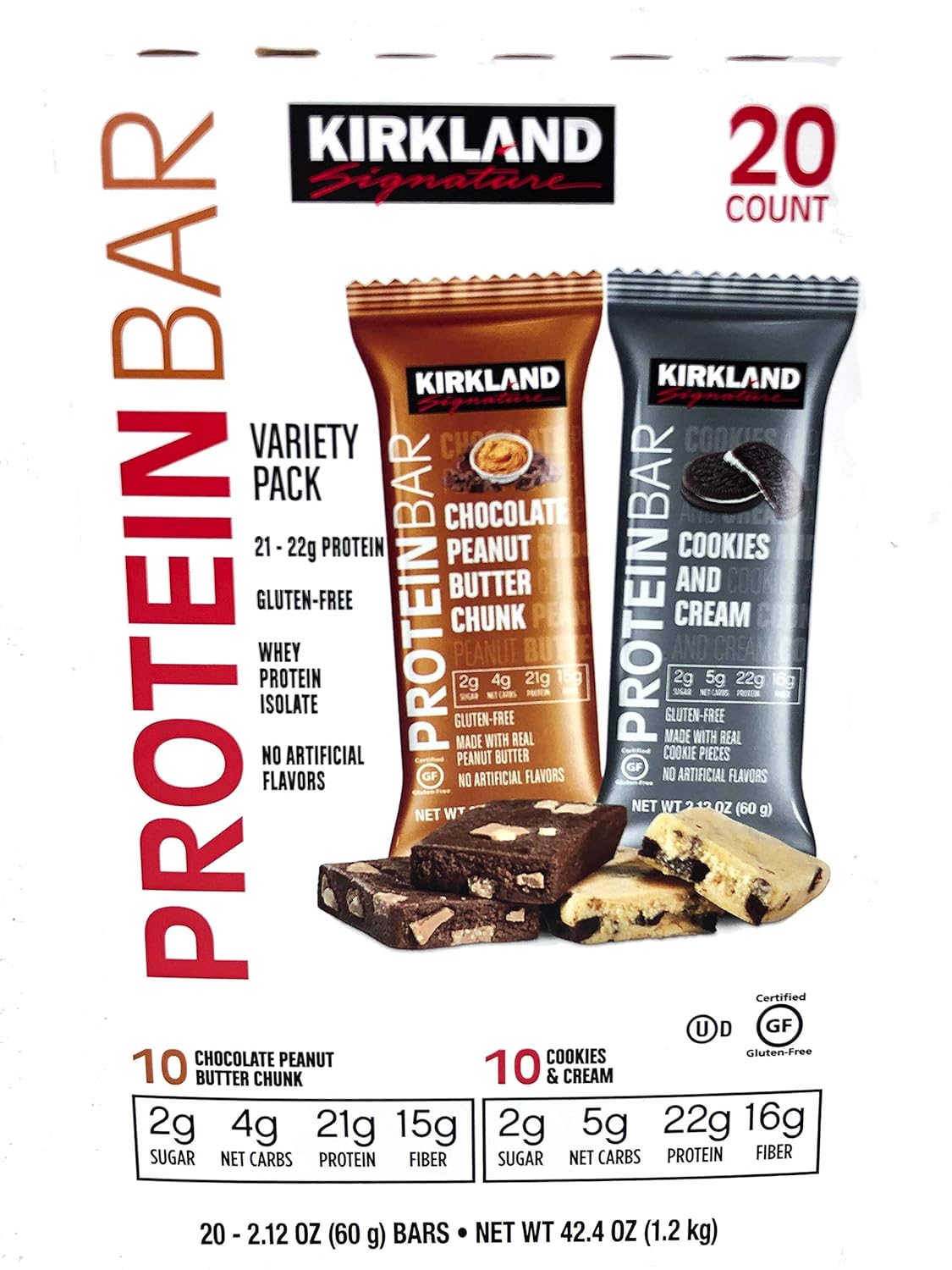 Kirkland Signature Protein Bar Variety Pack 20 Count Chocolate Peanut Butter Chunk &ampamp Cookies and Cream Gluten Free 21-22g