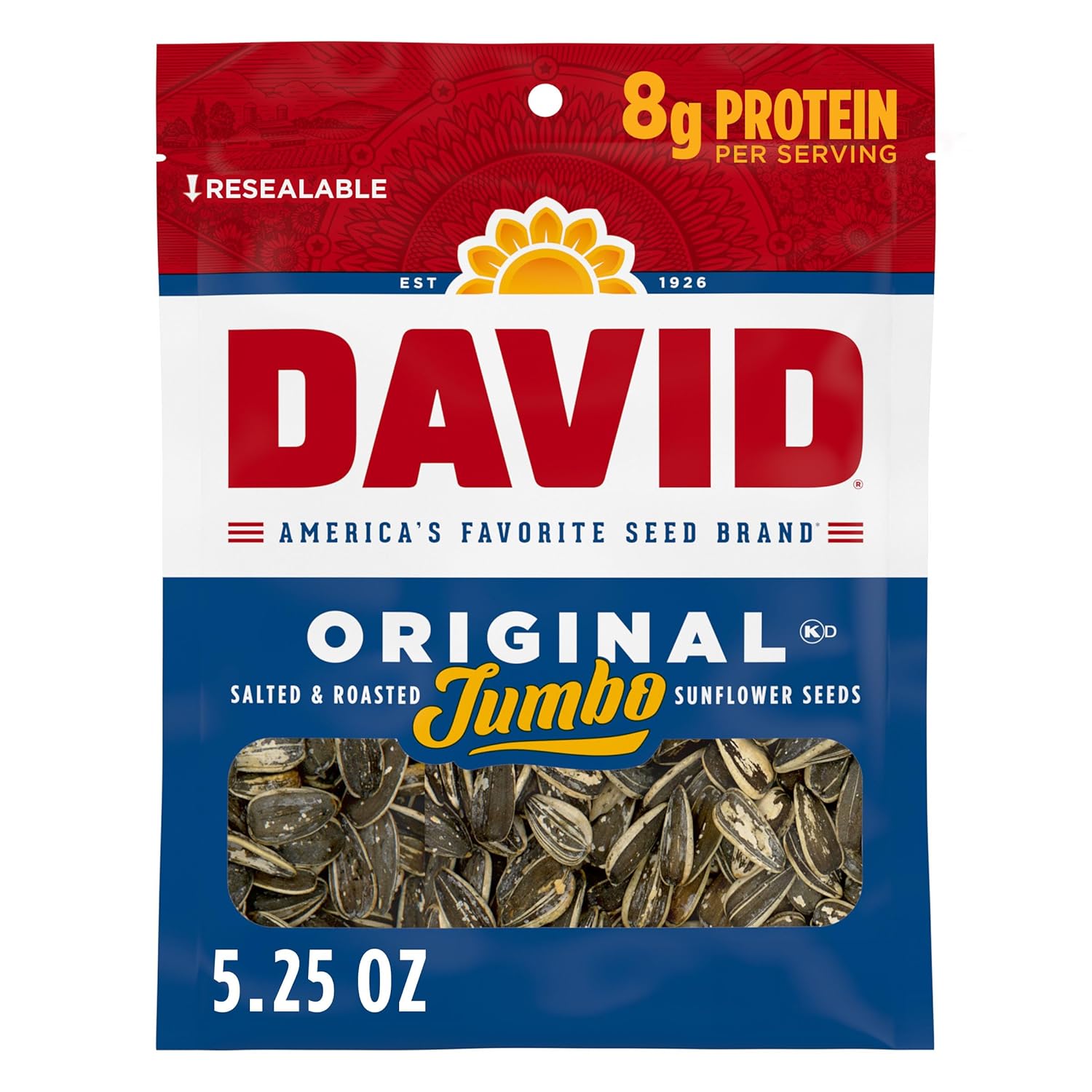 DAVID SEEDS Roasted and Salted Original Jumbo Sunflower Seeds Keto Friendly 5.25 Oz 12 Pack