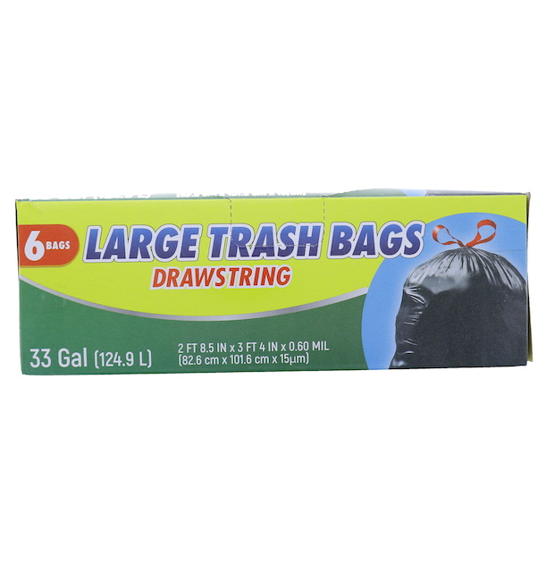 LARGE TRASH BAGS DRAWSTRING 33 GL 6 BAGS